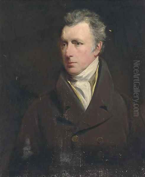 Portrait of a gentleman, bust-length, in a brown coat and yellow waistcoat Oil Painting by Sir Henry Raeburn