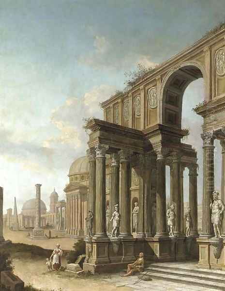 A capriccio of Roman ruins, with the Pantheon, the Column of Trajan and other buildings and figures Oil Painting by Domenico Roberti