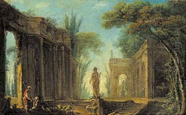 A capriccio of classical ruins with figures by a fountain Oil Painting by Hubert Robert