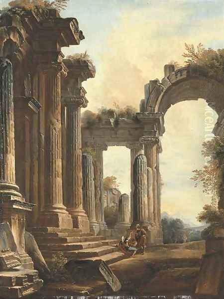 A capriccio of classical ruins with three men conversing at the steps of a temple, a landscape beyond Oil Painting by Hubert Robert