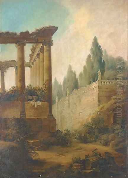 A capriccio of the Roman Forum and the Farnese Gardens Oil Painting by Hubert Robert