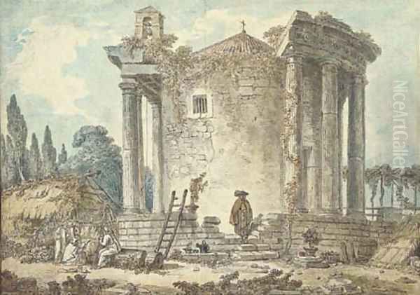 A capriccio with the Temple of the Sybil at Tivoli, Capuchin priests standing amongst the ruins Oil Painting by Hubert Robert