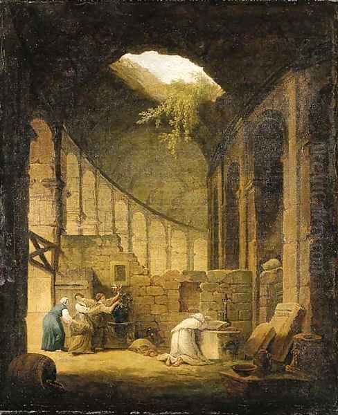 A hermit praying before an altar in a ruined chapel, with three woman offering flowers Oil Painting by Hubert Robert