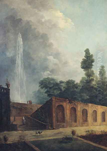 Figures in a terraced garden by a fountain Oil Painting by Hubert Robert