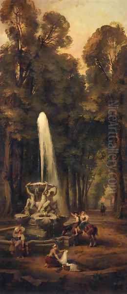 Washerwomen by a fountain in a garden Oil Painting by Hubert Robert