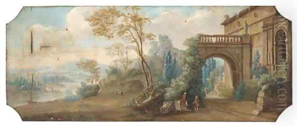 A capriccio of classical ruins near a river with gentlemen conversing Oil Painting by Hubert Robert