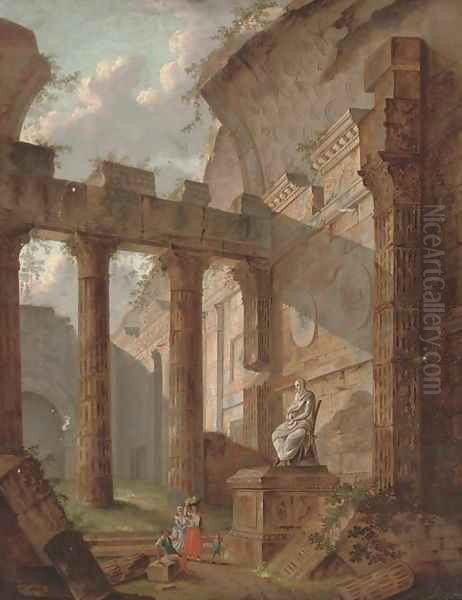 A capriccio of classical ruins with figures by a statue Oil Painting by Hubert Robert