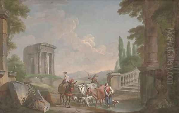 A landscape with classical ruins and drovers and their cattle at a pond Oil Painting by Hubert Robert