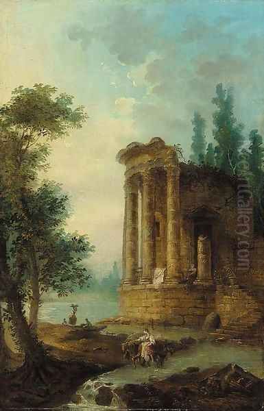 A wooded river landscape with figures by a classical ruin Oil Painting by Hubert Robert