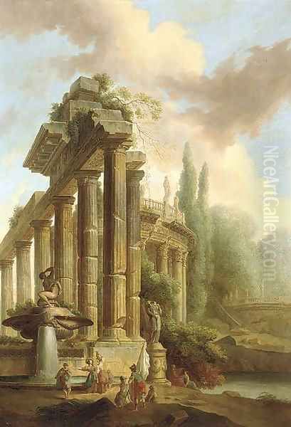 An architectural capriccio of classical ruins in a garden with figures by a fountain Oil Painting by Hubert Robert