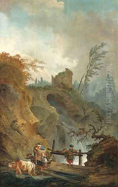 An Italianate landscape with peasants on a bridge before a waterfall Oil Painting by Hubert Robert