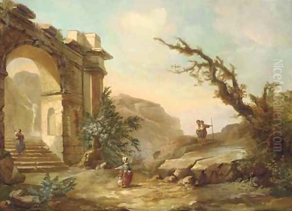 A rocky mountain landscape with figures near a classical arch by Hubert Robert