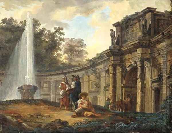 Figures conversing before a capriccio of classical ruins Oil Painting by Hubert Robert