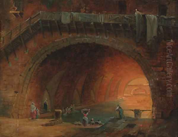 Washerwomen at an aqueduct Oil Painting by Hubert Robert