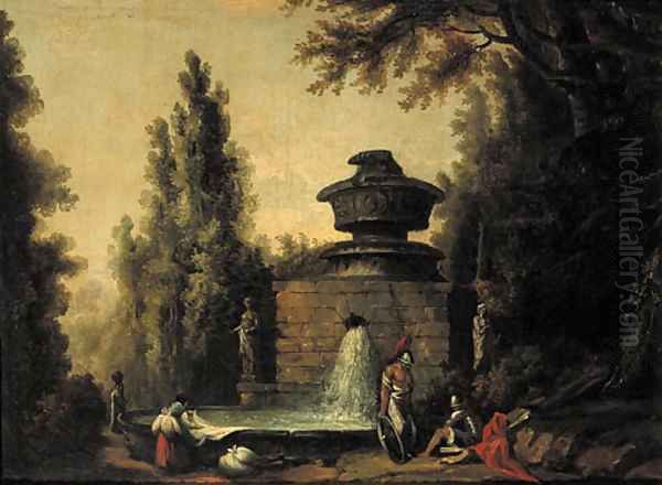 Washerwomen by a fountain with Roman warriors in an Italianate garden Oil Painting by Hubert Robert