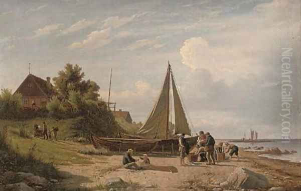 Selling fish on the shore Oil Painting by Peter Johann Raadsig