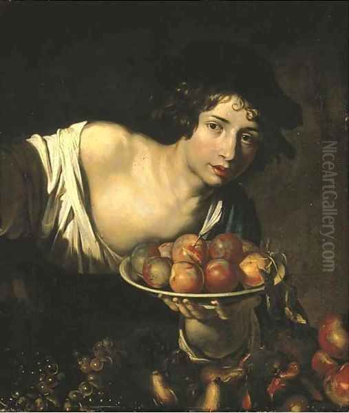 A young boy holding a plate of apples Oil Painting by Niccolo Renieri (see Regnier, Nicolas)