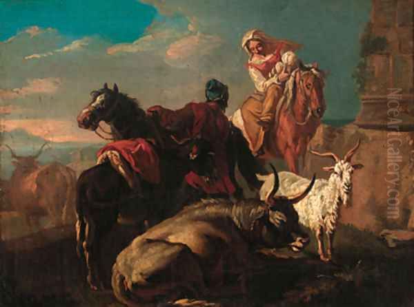 Drovers with a donkey, goat and cattle in an Italianate landscape Oil Painting by Philipp Peter Roos