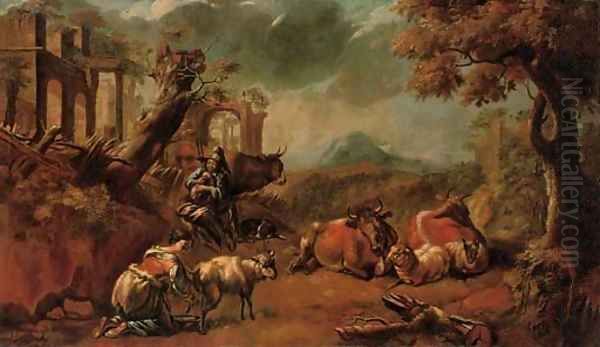 An Italianate landscape with a shepherd playing a doodlesack Oil Painting by Philipp Peter Roos