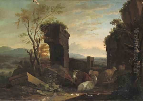 An Italianate landscape with cattle among ancient ruins, a river and a waterfall beyond Oil Painting by Philipp Peter Roos