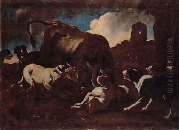 Hounds attacking a bull Oil Painting by Philipp Peter Roos