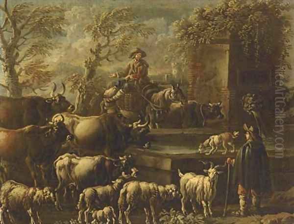 A drover on horseback watering his cattle at a fountain and shepherd with Oil Painting by Philipp Peter Roos