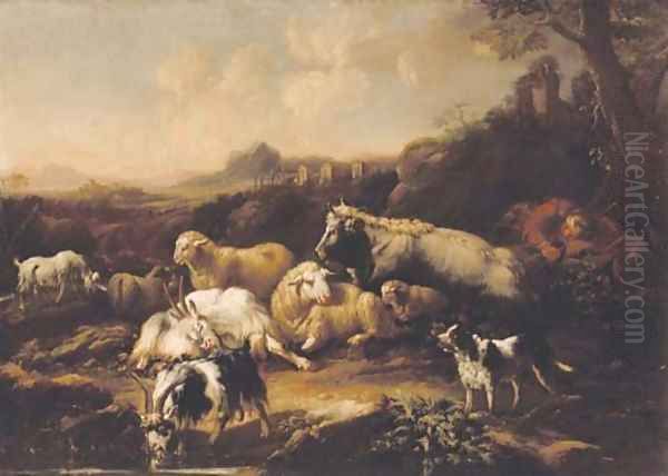 A shepherd resting with sheep, goats, a cow and a dog in an Italianate landscape Oil Painting by Philipp Peter Roos