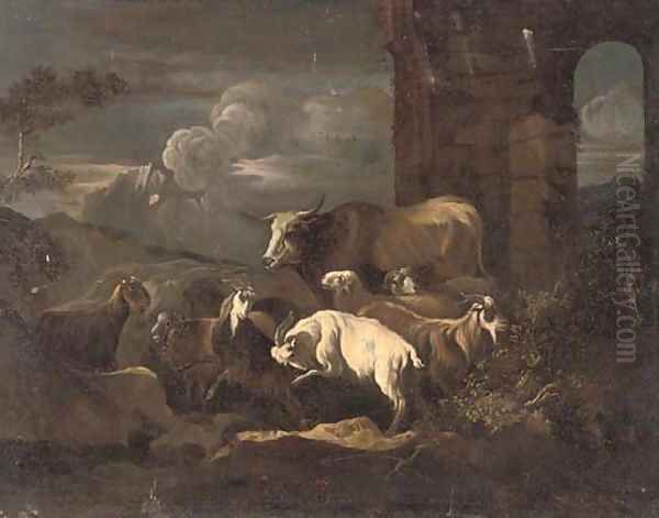 An evening landscape with a flock of goats and a bull, by classical ruins Oil Painting by Philipp Peter Roos