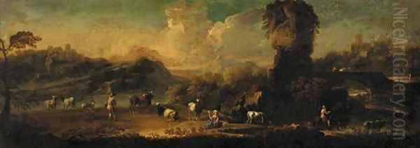 A extensive mountain landscape with a drover and cattle with other figures at a river, towns beyond Oil Painting by Philipp Peter Roos