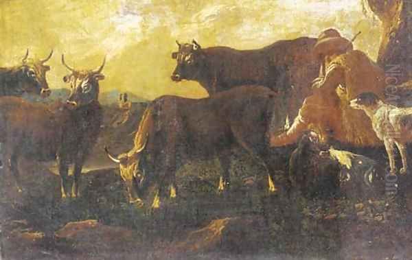 A herdsman resting with his cattle and dog Oil Painting by Philipp Peter Roos