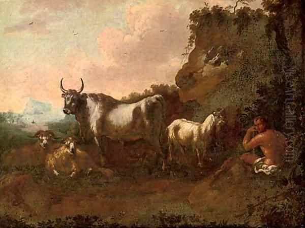 A mountainous landscape with a shepherd and his flock Oil Painting by Philipp Peter Roos