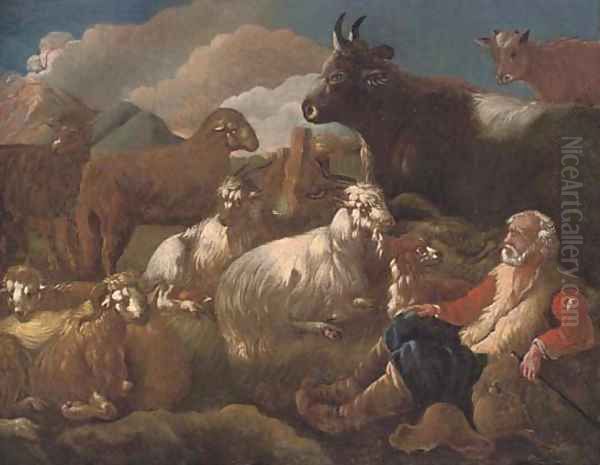 A shepherd resting with his cattle in a mountainous landscape Oil Painting by Philipp Peter Roos