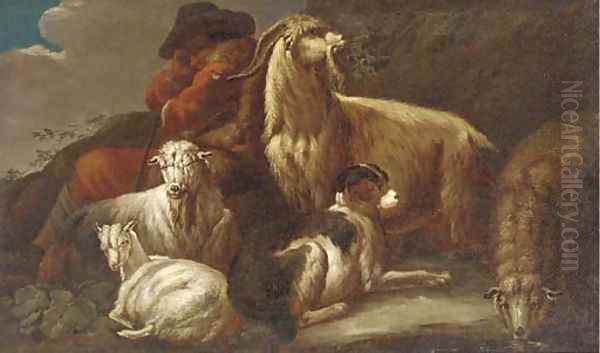 A shepherd resting with sheep, goats and a dog Oil Painting by Philipp Peter Roos