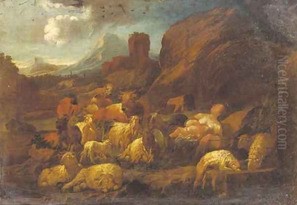 A shepherdess and child resting with her herd in an mountainous Italianate landscape Oil Painting by Philipp Peter Roos