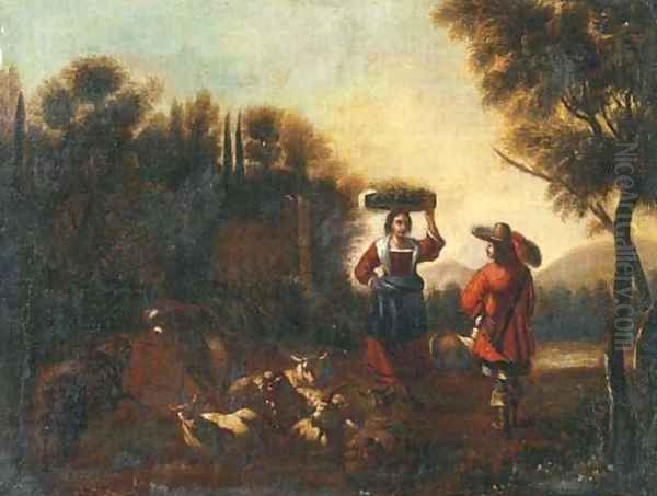 An Italianate landscape with a peasant woman conversing with a soldier by a ruin Oil Painting by Philipp Peter Roos