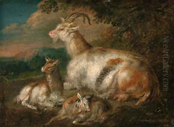 Goats and a kid in a wooded landscape Oil Painting by Philipp Peter Roos