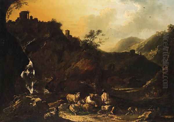 Italianate Landscapes with Drovers, Cattle and Sheep Oil Painting by Philipp Peter Roos