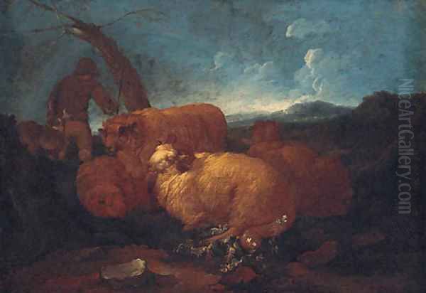 A shepherd and sheep in a landscape Oil Painting by Philipp Peter Roos