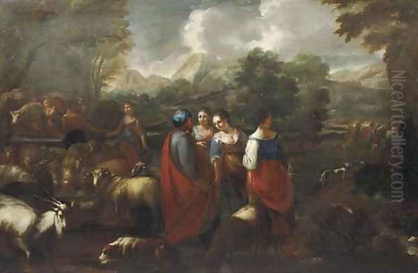 Rebecca and Eliezer at the Well Oil Painting by Philipp Peter Roos