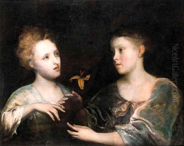 A double portrait of two young noblewomen, half lengths Oil Painting by Sir Joshua Reynolds