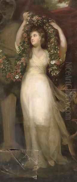 Portait of a Montgomery sister, full-length, in a white dress, holding a garland of flowers Oil Painting by Sir Joshua Reynolds