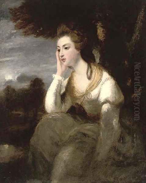 Portrait of the Hon. Mrs Stanhope, seated three-quarter-length, in a white dress, an extensive moonlit landscape beyond Oil Painting by Sir Joshua Reynolds