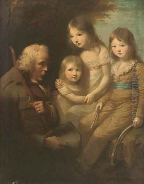 Group portrait of three children, full-length, in a garden with a beggar Oil Painting by Sir Joshua Reynolds