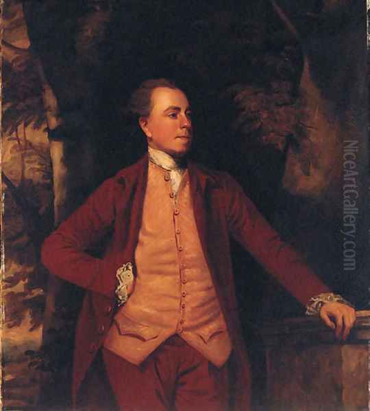 Portrait of Richard Crofts, three-quarter-length, in a dark red coat and breeches, and striped waistcoat, his left hand resting on a plinth Oil Painting by Sir Joshua Reynolds