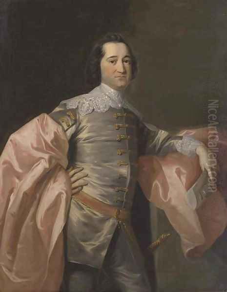 Portrait of gentleman, three-quarter-length, in a grey jacket and pink wrap Oil Painting by Allan Ramsay