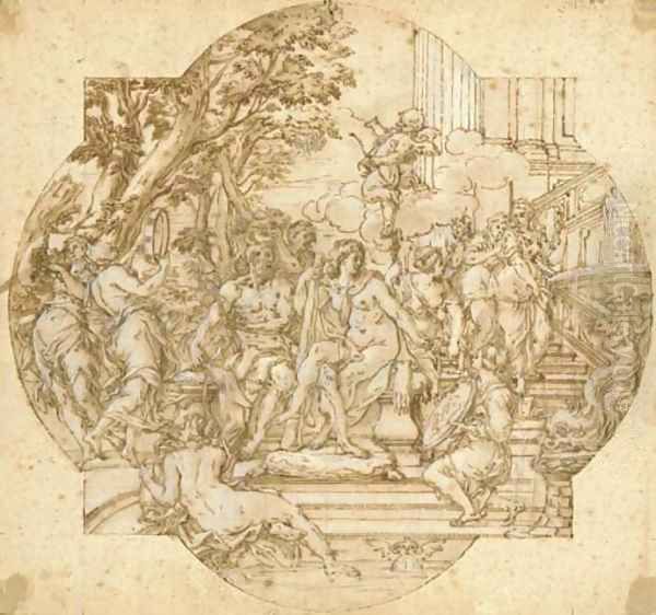 Hercules and Omphale with nymphs on a staircase leading to a fountain Design for a compartment Oil Painting by Giovanni Francesco Romanelli