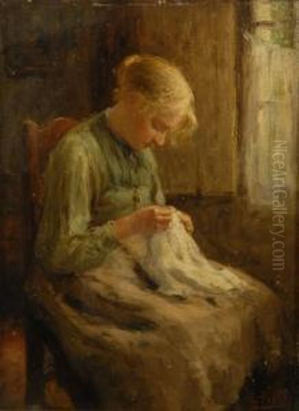 Girl Sewing Oil Painting by Evert Pieters