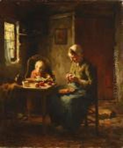 Woman Peeling Apples Sitting With A Child In A Dutch Interior Oil Painting by Evert Pieters