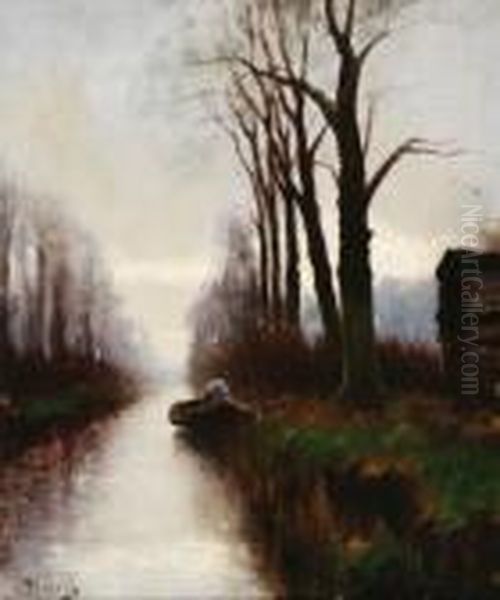 Polder Canal, Atthe Right A Man In A Boat Surrounded By Tall Trees Oil Painting by Evert Pieters