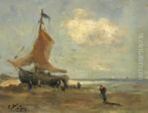 A Ship And Figures On The Beach Oil Painting by Evert Pieters